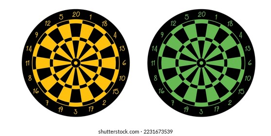 Cartoon dart board scoring symbol. Dartboard icon. color and twenty, green or yellow game board, darts game. Target competition. Sports equipment and arrows. Throw single, double, triple or bullseye