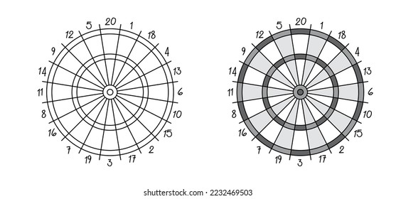 Símbolo de tablero de dardos de dibujos animados. Icono de tablero de anuncios. color, veinte, juego blanco y negro y dardos. Firma de la competencia de destino. Equipamiento deportivo y flechas. Tirar un solo, doble, triple o bullseye