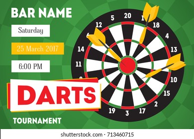 Cartoon Darts Tournament Horizontal Invitation Poster, Card for Bar with Date Flat Design Style. Vector illustration