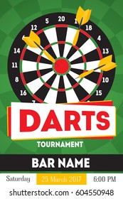 Cartoon Darts Tournament Poster, Card for Bar with Date Flat Design Style. Vector illustration