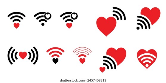 Cartoon Datum Herz Wi-Fi Signal. Symbol für Liebesverbindung. WiFi Hotspot Signal Connect Logo. Internet, Wireless-Netzwerksignatur. Valentinstag, Valentinstag. Valentinstag Herzschlagwelle. Digitale Online-Dating.