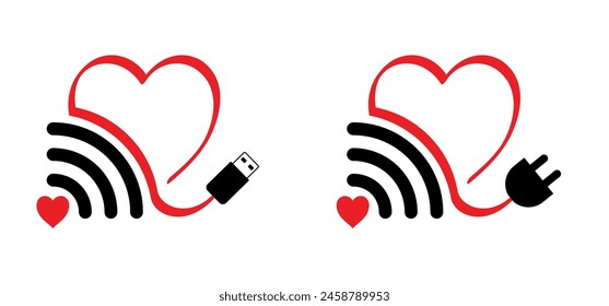 Cartoon date heart wi-fi signal. Love connection icon. Wifi hotspot signal connect logo. Internet, wireless network sign. Valentine's, valentines Day. Valentine heart beat wave. Online digital dating.