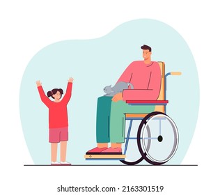 Cartoon daughter and father in wheelchair with cute cat on lap. Man with physical disability, happy girl flat vector illustration. Pets, love, care, disability, family concept for banner, landing page