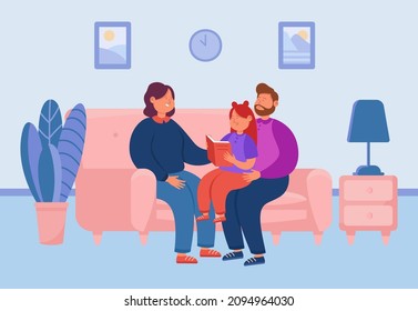 Cartoon Daughter Reading Book With Mother And Father On Sofa. Child And Adults Reading Book Together Flat Vector Illustration. Family, Parenting Concept For Banner, Website Design Or Landing Web Page