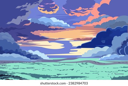 Cartoon dawn sky with pink and blue clouds.Beautiful cloudy landscape at sunset.Fluffy cumulus clouds flying over the sea.