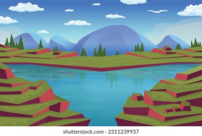 Cartoon day background with landscape area big water lake and  mountains, trees, sky, clouds vector illustration