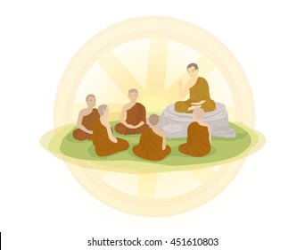 Cartoon : Day before the Buddhist Lent (Asalha Puja Day) and Wheel of life  (Dharmachakra ; Wheel of Dhamma) on white background. Vector Illustration