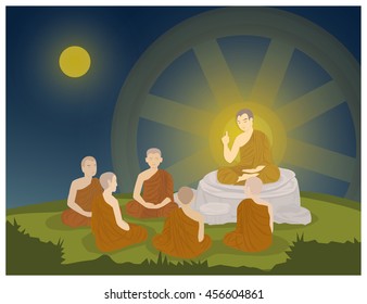 Cartoon : Day before the Buddhist Lent (Asalha Puja Day) and Wheel of life (Dharmachakra ; Wheel of Dhamma) on white background. Vector Illustration