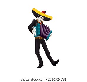 Cartoon day of the dead dia de los muertos mexican mariachi musician character skeleton wearing traditional sombrero, passionately plays an accordion, celebrating festive event with lively music