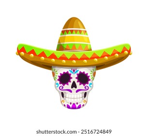 Dia de desenhos animados do crânio morto dia de los Muertos no sombrero mexicano adornado com padrão colorido tradicional. Vetor isolado mariachi calaca cabeça para comemorar o festival nacional de Halloween