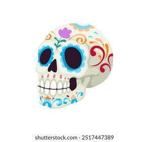 Cartoon day of the dead dia de los muertos sugar calavera skull decorated with floral pattern. Isolated vector cranium calaca head captures festive spirit, remembrance, honor and cultural significance