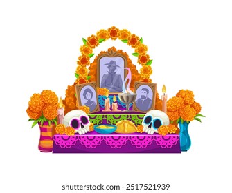 Cartoon day of the dead dia de los muertos mexican ofrenda altar featuring marigold flowers, food, candles, sugar skulls and photos of ancestors symbolizing remembrance, culture, and ancestral respect