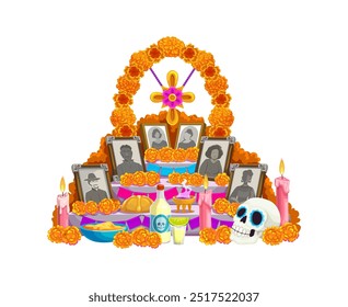 Cartoon dia do dia morto de los muertos mexicano ofrenda altar adornado com tradicionais marigolds, velas, crânios e fotos emolduradas, reflete a rica herança cultural e lembrança ancestral