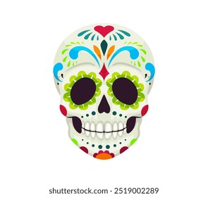 Cartoon day of the dead dia de los muertos sugar calavera skull features vibrant floral patterns and traditional decorations, symbolizes remembrance, celebration, and connection between life and death