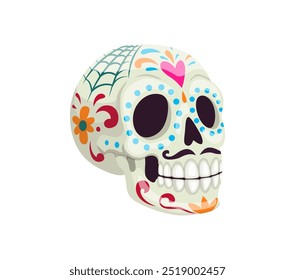 Caricatura del día de los muertos calavera de azúcar con intrincados y vibrantes patrones florales. Cabeza tradicional de calaca, decoración festiva para la celebración de vacaciones o cultura mexicana