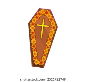 Cartoon day of the dead dia de los muertos coffin casket with yellow cross and surrounded by marigold flowers wreath, symbolizing remembrance and honoring the dead in tradition and culture of MexicoV