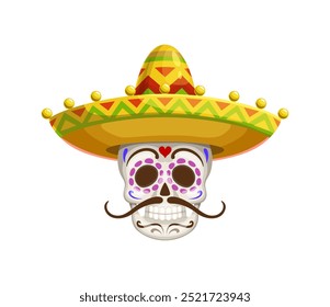 Cartoon day of the dead dia de los Muertos Mexican skull in sombrero. Isolated cartoon vector mariachi sugar skull represents cultural festivities, honoring ancestors, and celebrating life and death