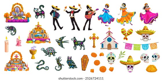 Cartoon day of the dead dia de los muertos characters and holiday elements set. Vector skeletons, marigolds, altar, sugar skulls, candles, instruments and traditional attire, representing celebration