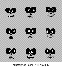 Cartoon day of the dead eyes set template on transparent background. Zombie emotion Halloween faces design collection