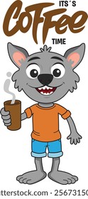 Cartoon de lobo com copo de café