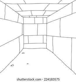 Cartoon dead end corridor outline background with dirt floor