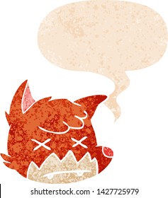rosto de raposa morta de desenho animado com balão de fala em estilo texturizado retro angustiado grunge