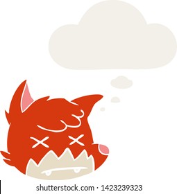 cartoon dead fox face with thought bubble in retro style