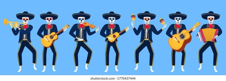 Cartoon Dead Mariachi Play Musical Instruments. Sugar Skull Vector Illustration