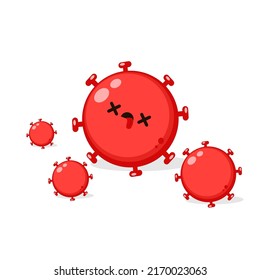 Cartoon mit einem toten roten Koronavirus. Bakterienzeichen, Vektorgrafik. Das Covid-19-Virus stirbt. Bakterien sterben.