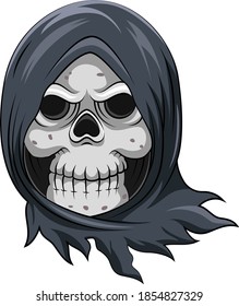 The cartoon of the dead skull grim reaper with the steal blue cloak to cover his head