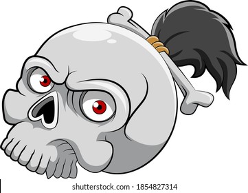 The cartoon of the dead skull head with the red eyes and a little pony tail and bones