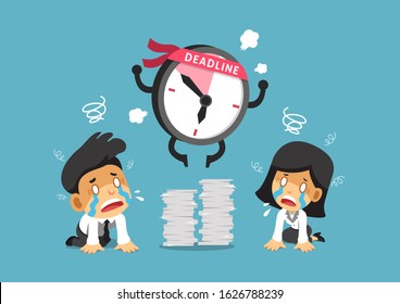 Cartoon deadline clock character and business people for design.