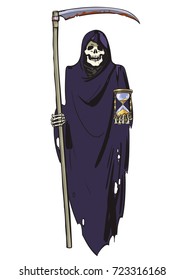 Cartoon Death with scythe and hourglass.Deadline concept.Halloween character. Hand drawn vector illustration.