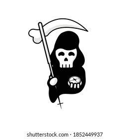 Cartoon Death with scythe icon. Black and white flat geometric illustration.