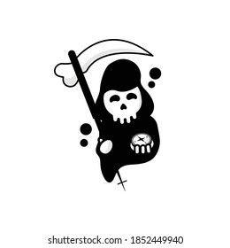 Cartoon Death with scythe icon. Black and white flat geometric illustration.