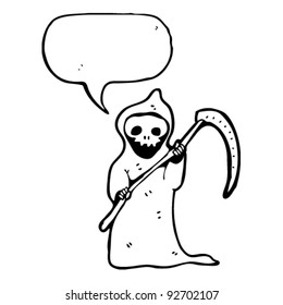 cartoon death with scythe and speech bubble