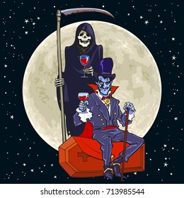 Cartoon Death skeleton and Dracula vampire on full Moon background.  Halloween characters. Poster or flyer design template. Hand drawn vector illustration isolated.