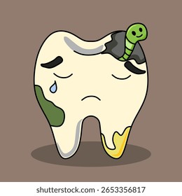 Cartoon Decayed Tooth with Worm – Sad Dental Character for Oral Health Awareness