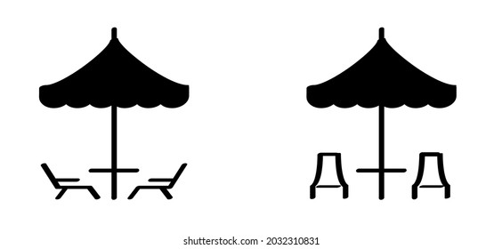 Tumbona de dibujos animados o tumbona de playa. Mesa bajo el paraguas. Pictograma de silla de jardín de longue de Chaise. Icono o signo de vector plano. Símbolo de vacaciones, vacaciones y turismo, verano