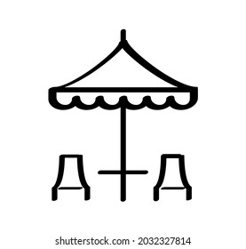 Cartoon-Liegestuhl oder Strandstuhl. Tisch unter dem Regenschirm. Chaise longue Gartenstuhl Piktogramm. Flaches Vektorsymbol oder -zeichen. Ferien, Urlaub und Tourismus, Sommerzeitsymbol