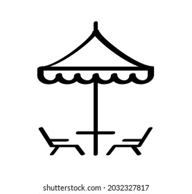 Cartoon deck chair or beach chair. Table under umbrella. Chaise longue garden chair pictogram. Flat vector icon or sign. Holiday, vacation and tourism, summer time symbol