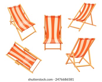 Cartoon deck chair. Deckchairs, sitting striped decking chairs beach chaise comfortable longue armchair sunbathe relaxation cruise rest lounge furniture, neat vector illustration