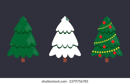 Cartoon Decorated Christmas Trees Collection with Balls, Stars, and Garland Fir Trees Illustration