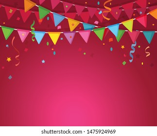 Cartoon decoration flags with confetti. Holiday design template for birthday Invitation, greeting cards, festival or fun event  poster. Vector illustration.