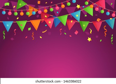 Cartoon decoration party. Celebrate birthday flags with confetti, festival background and fun event decorations. Kids party or fair origami garland banner vector illustration