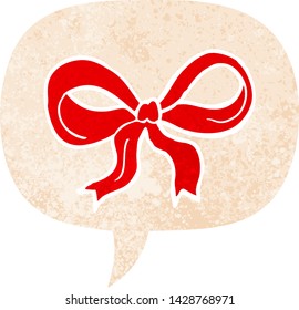 cartoon decorative bow with speech bubble in grunge distressed retro textured style