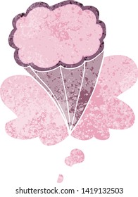 nube decorativa de dibujos animados con burbuja de pensamiento en un estilo retro angustiado de color gris texturado