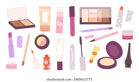 Los cosméticos decorativos de dibujos animados. Cosmética femenina para maquillaje diario o de fiesta. Palo de labios, sombras de ojos, encubridor y rímel. Juego de vectores de belleza Doodle