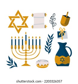 Cartoon decorative elements of Jewish holiday Hanukkah set. Colorful Menorah candles, David star, and flying dove vector flat illustration collection. Various objects of Jewish festival concept