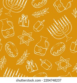 Cartoon decorative elements of Jewish holiday Hanukkah seamless pattern. Colorful Menorah candles, David star, and flying dove vector outline illustration. Various objects of Jewish festival concept